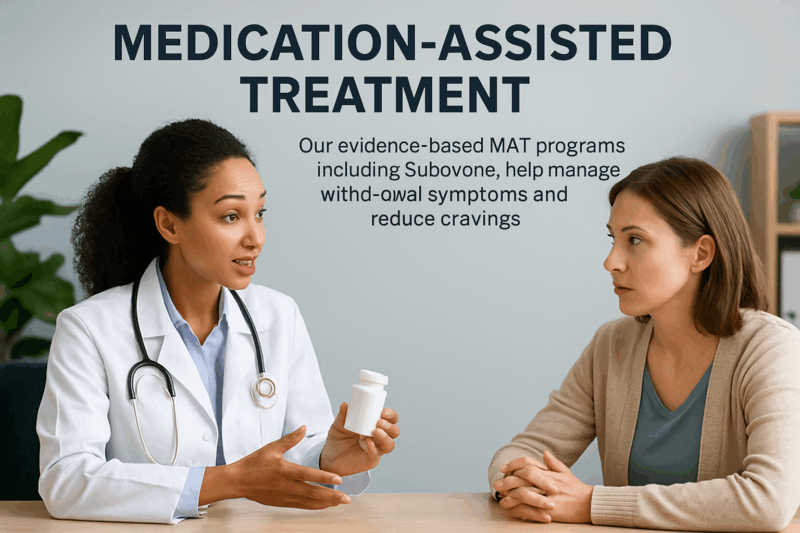 Doctor discussing medication-assisted treatment options with a patient in a calm office