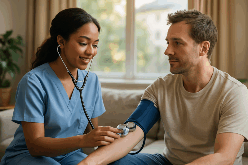 nurse and patient during morning medical check in at an addiction treatment center