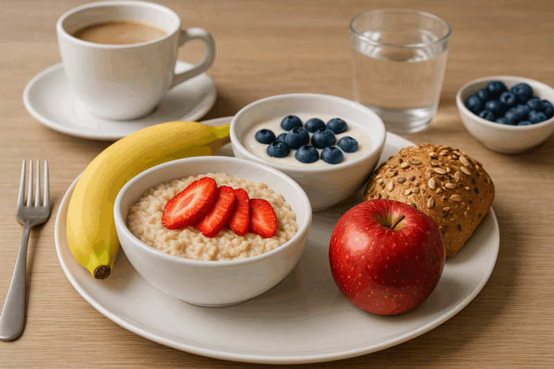 healthy breakfast with peers including oatmeal fruit yogurt and coffee in addiction rehab