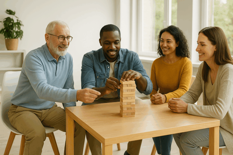 afternoon recreational activities in rehab with adults walking and stretching outdoors